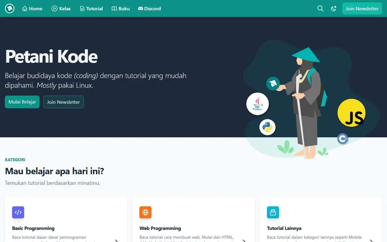 Tampilan website resmi Petani Kode (petanikode.com)