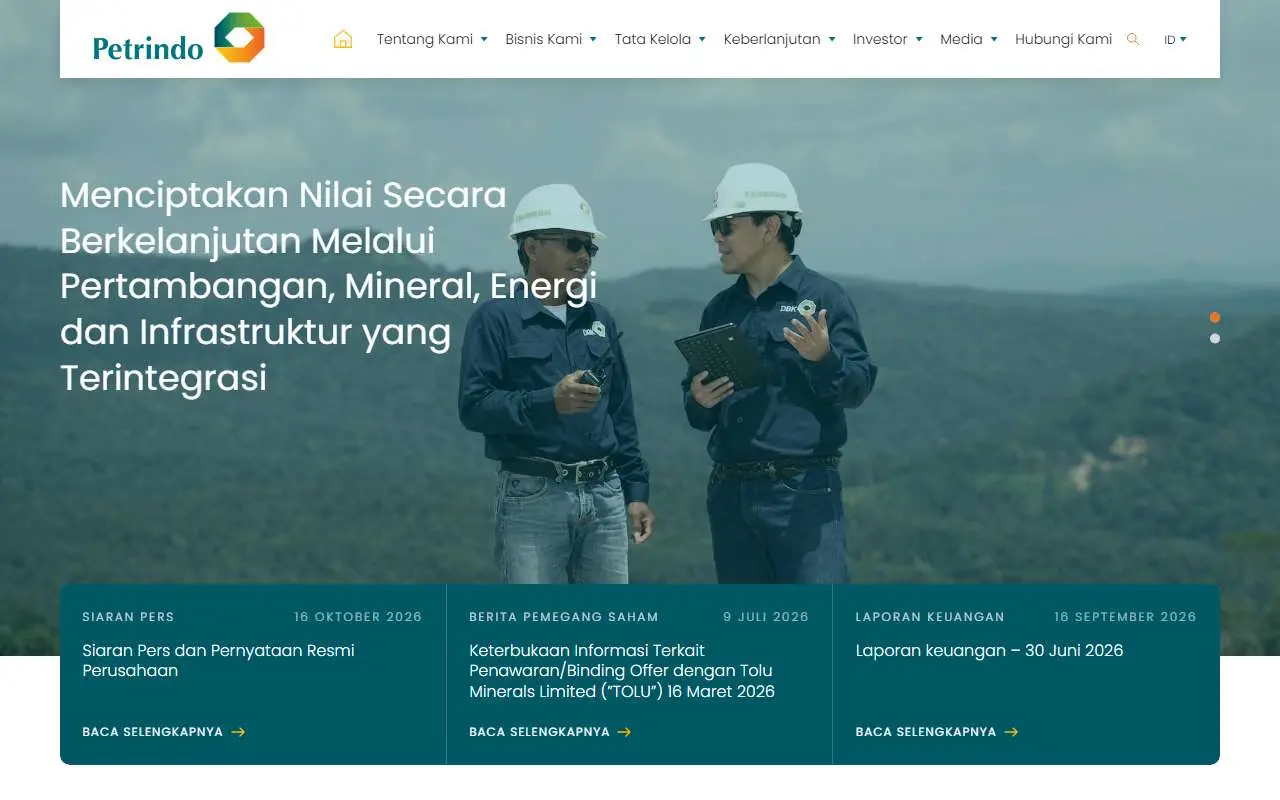 Tampilan website resmi Petrindo Jaya Kreasi (petrindo.co.id)