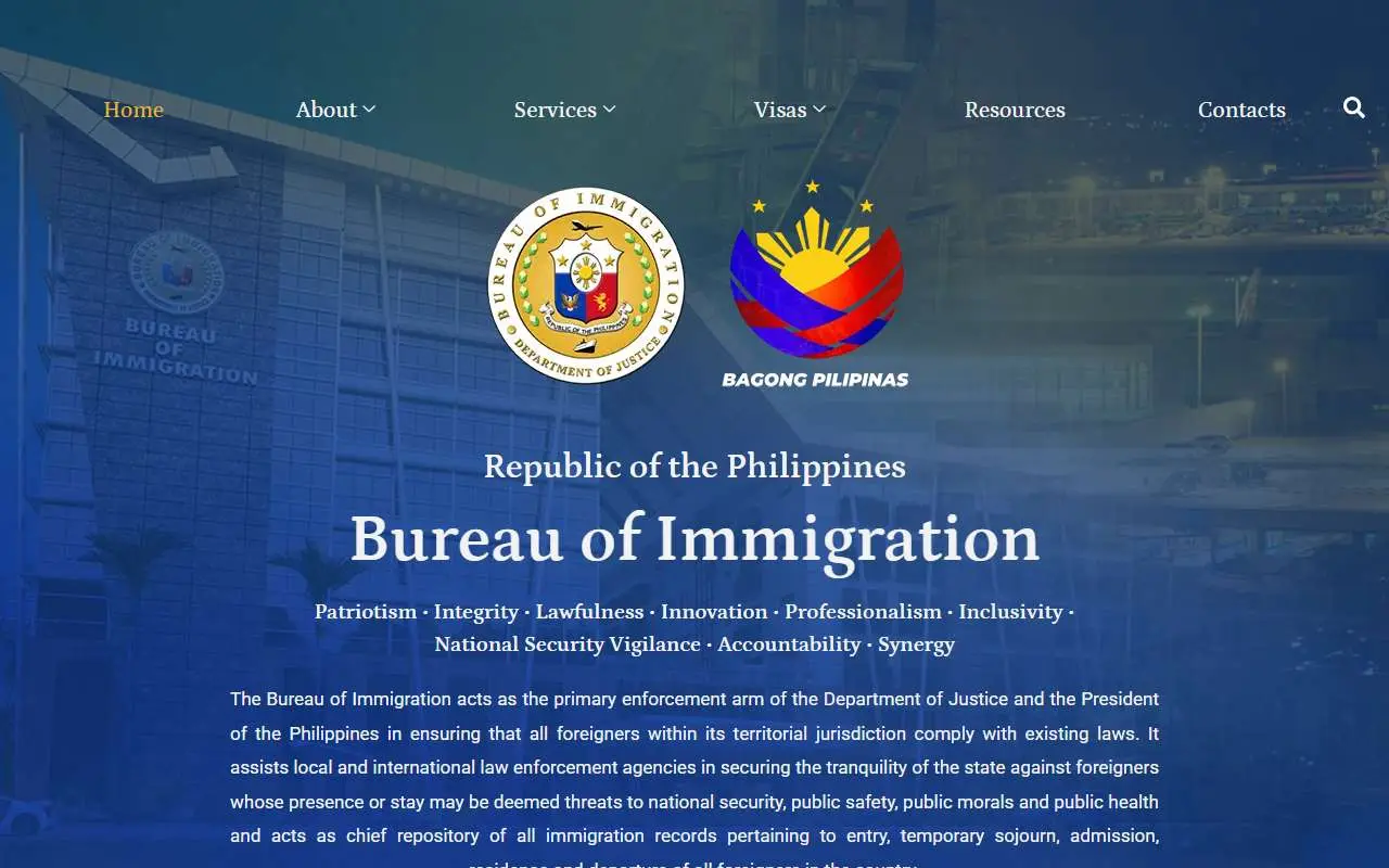 Tampilan website resmi Imigrasi Filipina (immigration.gov.ph)