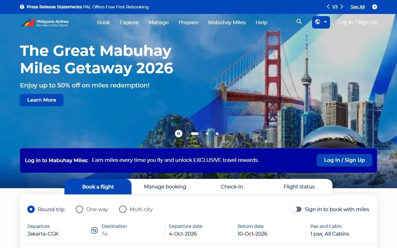 Tampilan website resmi Philippine Airlines (philippineairlines.com)