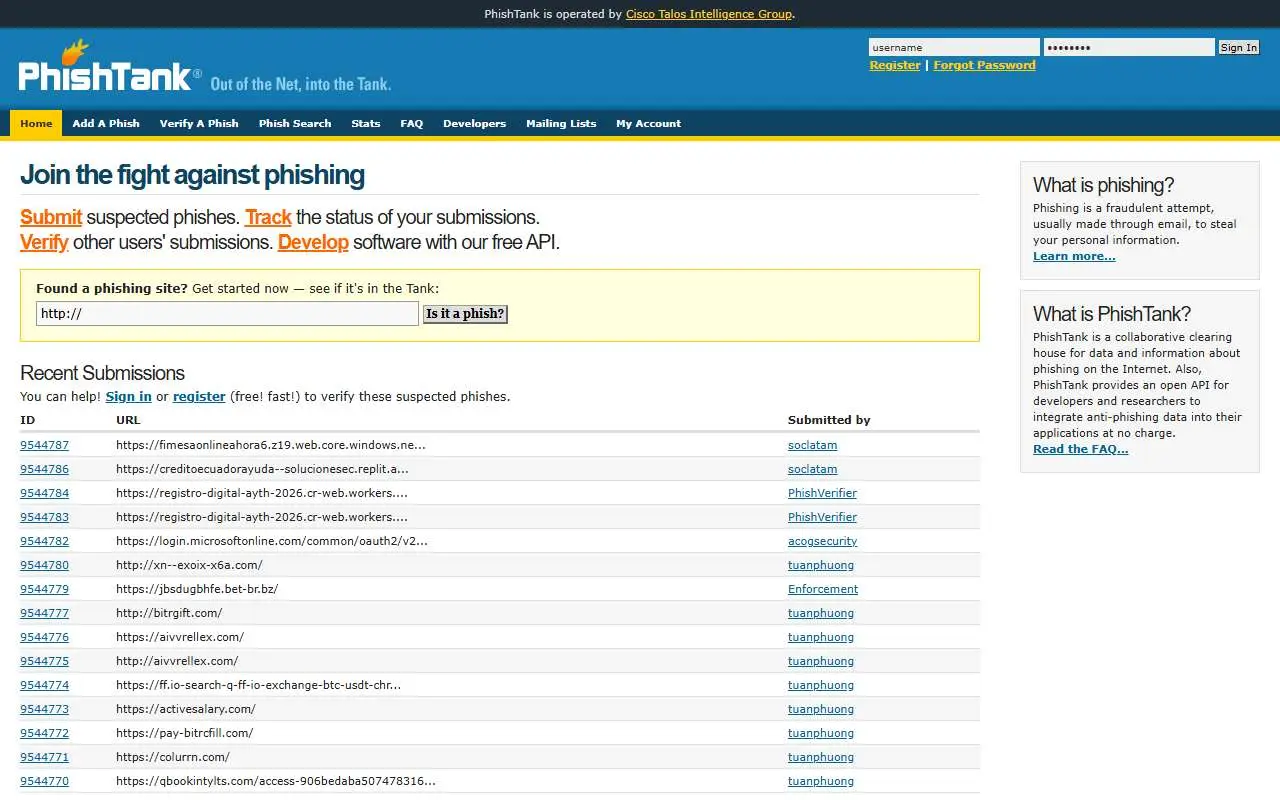 Tampilan website resmi PhishTank (phishtank.org)