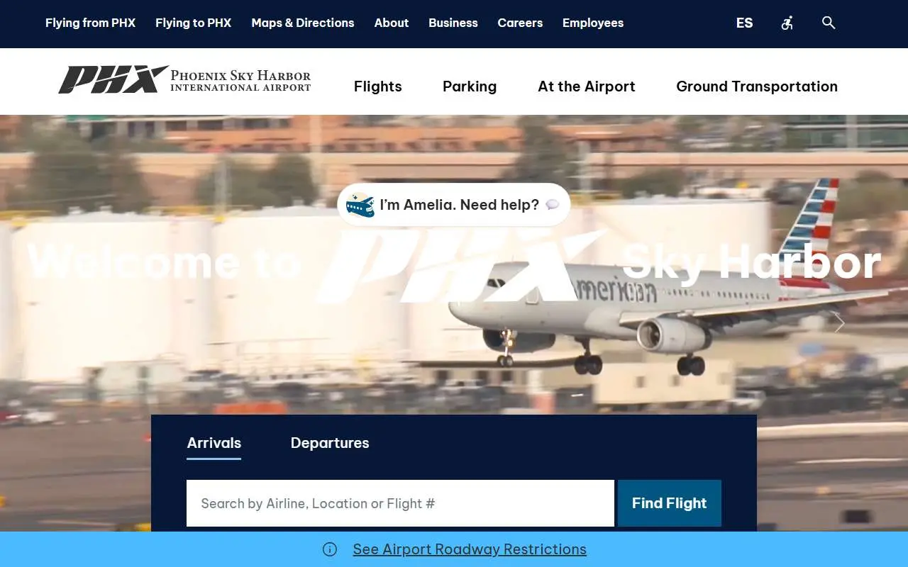 Tampilan website resmi Bandara Internasional Sky Harbor Phoenix (skyharbor.com)
