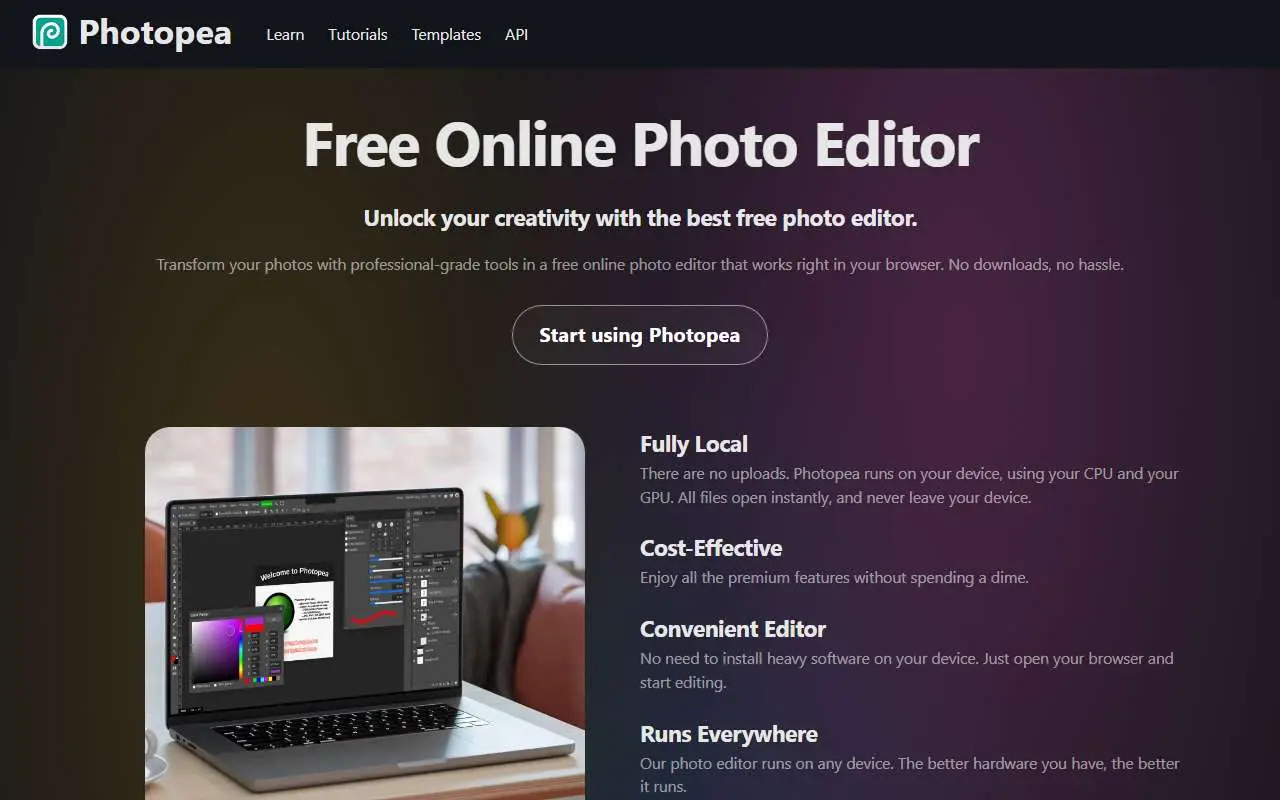 Tampilan website resmi Photopea (photopea.com)