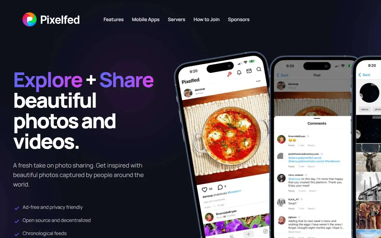 Tampilan website resmi Pixelfed (pixelfed.org)