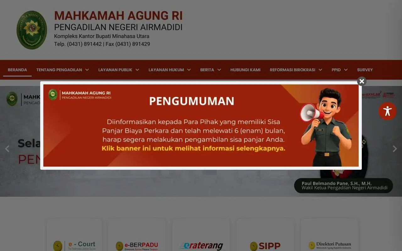 Tampilan website resmi Pengadilan Negeri Airmadidi (pn-airmadidi.go.id)