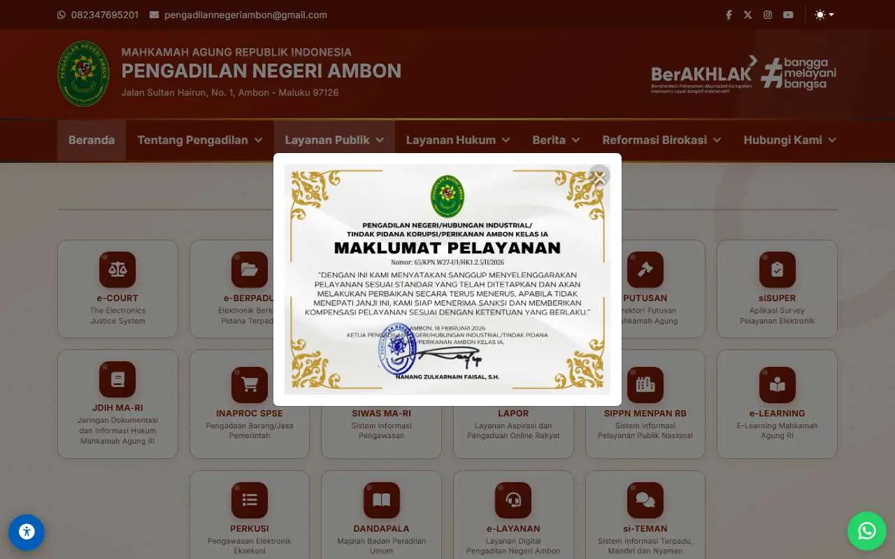 Tampilan website resmi Pengadilan Negeri Ambon (pn-ambon.go.id)