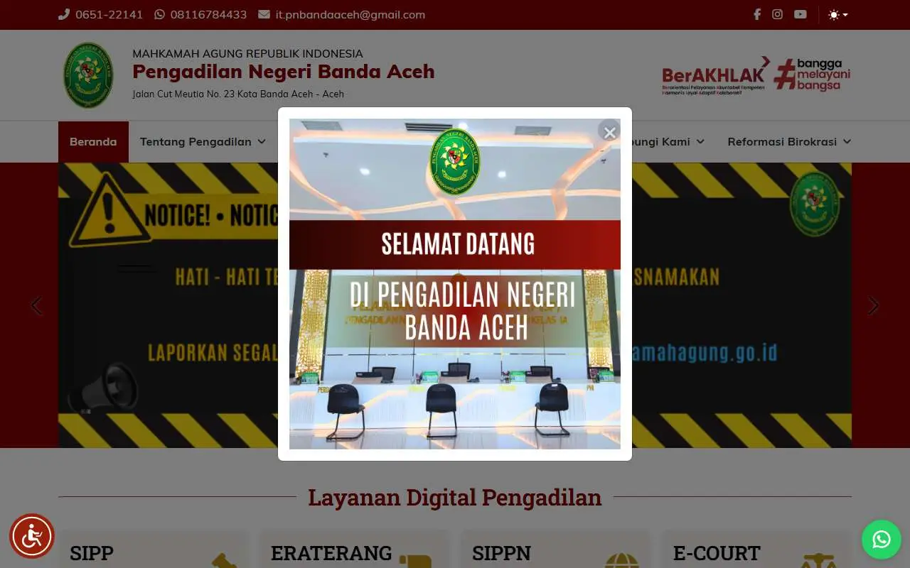 Tampilan website resmi Pengadilan Negeri Banda Aceh (pn-bandaaceh.go.id)