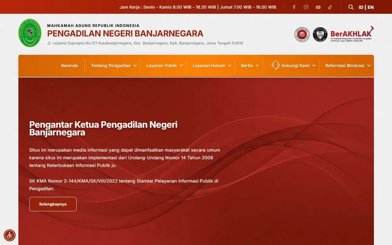 Tampilan website resmi Pengadilan Negeri Banjarnegara (pn-banjarnegara.go.id)