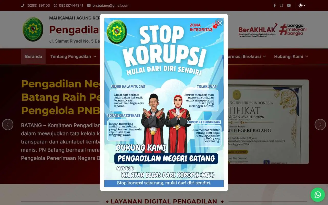 Tampilan website resmi Pengadilan Negeri Batang (pn-batang.go.id)