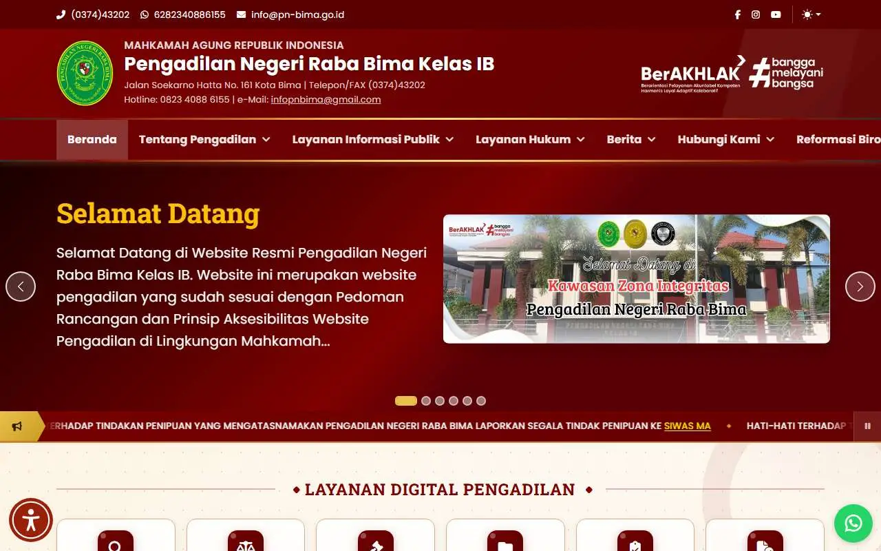 Tampilan website resmi Pengadilan Negeri Raba Bima (pn-bima.go.id)