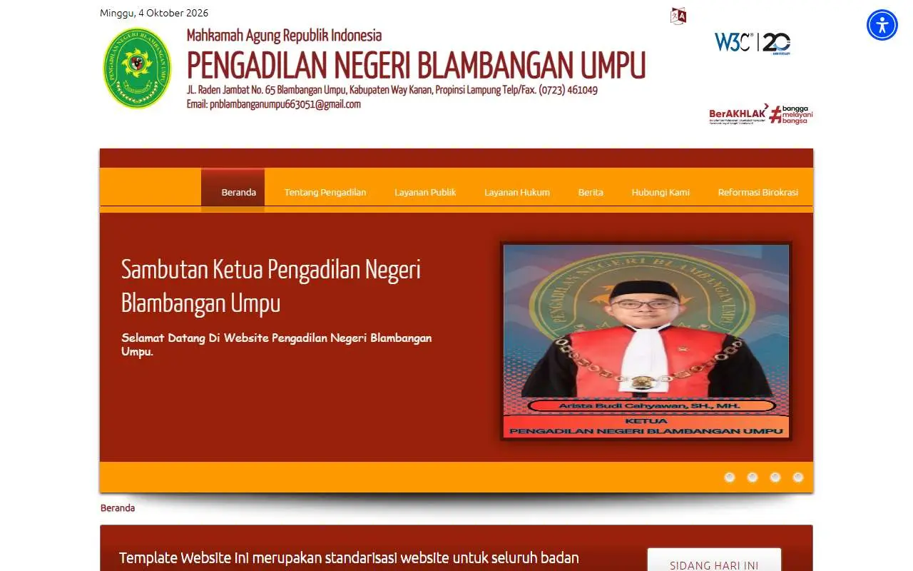 Tampilan website resmi Pengadilan Negeri Blambangan Umpu (pn-blambanganumpu.go.id)