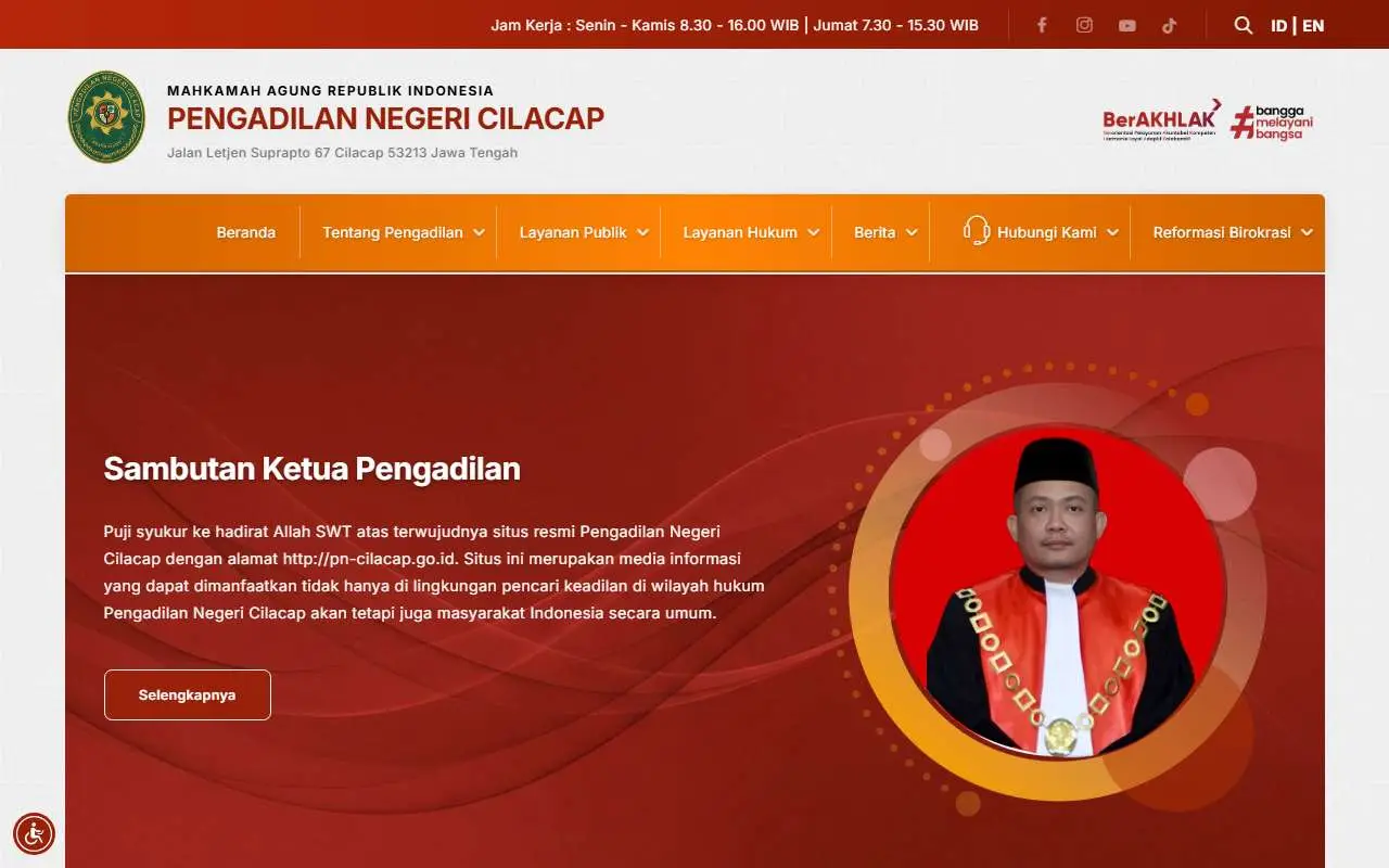 Tampilan website resmi Pengadilan Negeri Cilacap (pn-cilacap.go.id)