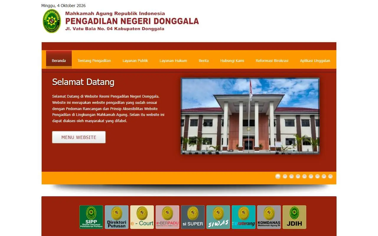 Tampilan website resmi Pengadilan Negeri Donggala (pn-donggala.go.id)