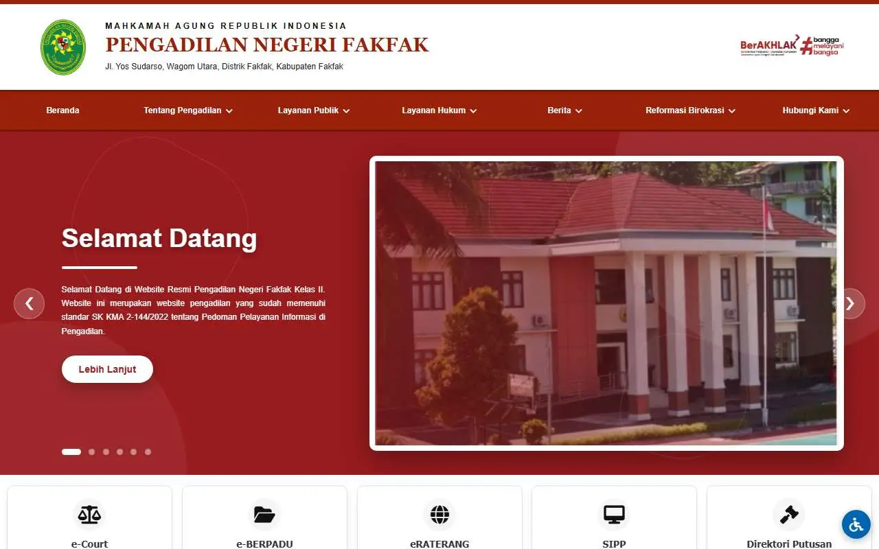 Tampilan website resmi Pengadilan Negeri Fak Fak (pn-fakfak.go.id)