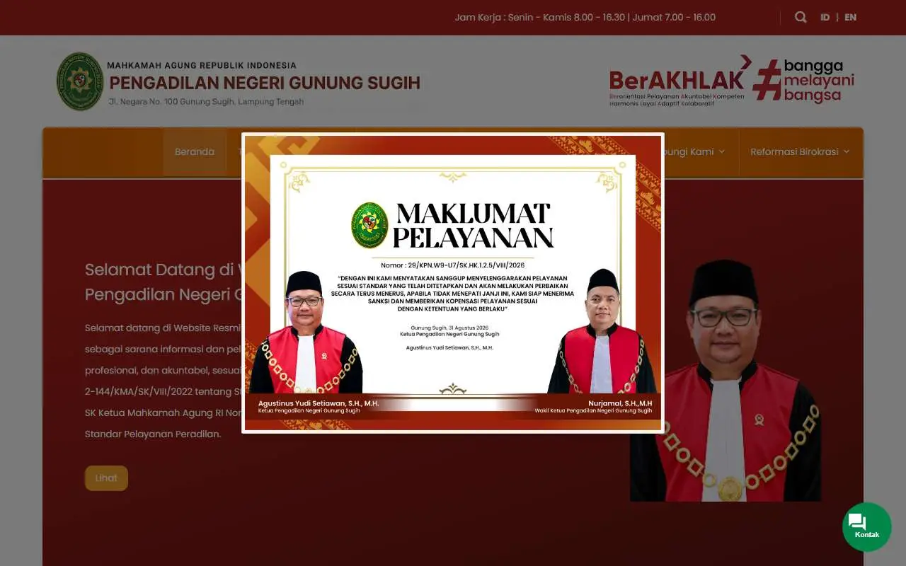 Tampilan website resmi Pengadilan Negeri Gunung Sugih (pn-gunungsugih.go.id)