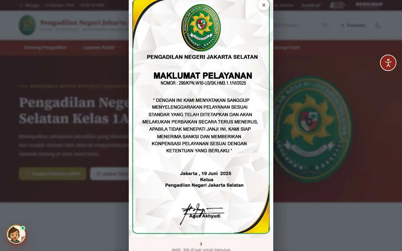 Tampilan website resmi Pengadilan Negeri Jakarta Selatan (pn-jakartaselatan.go.id)