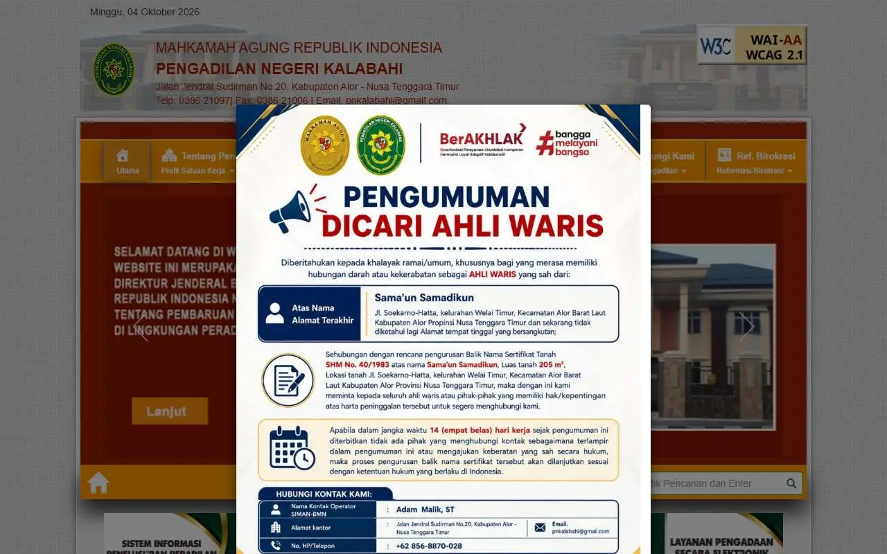 Tampilan website resmi Pengadilan Negeri Kalabahi (pn-kalabahi.go.id)