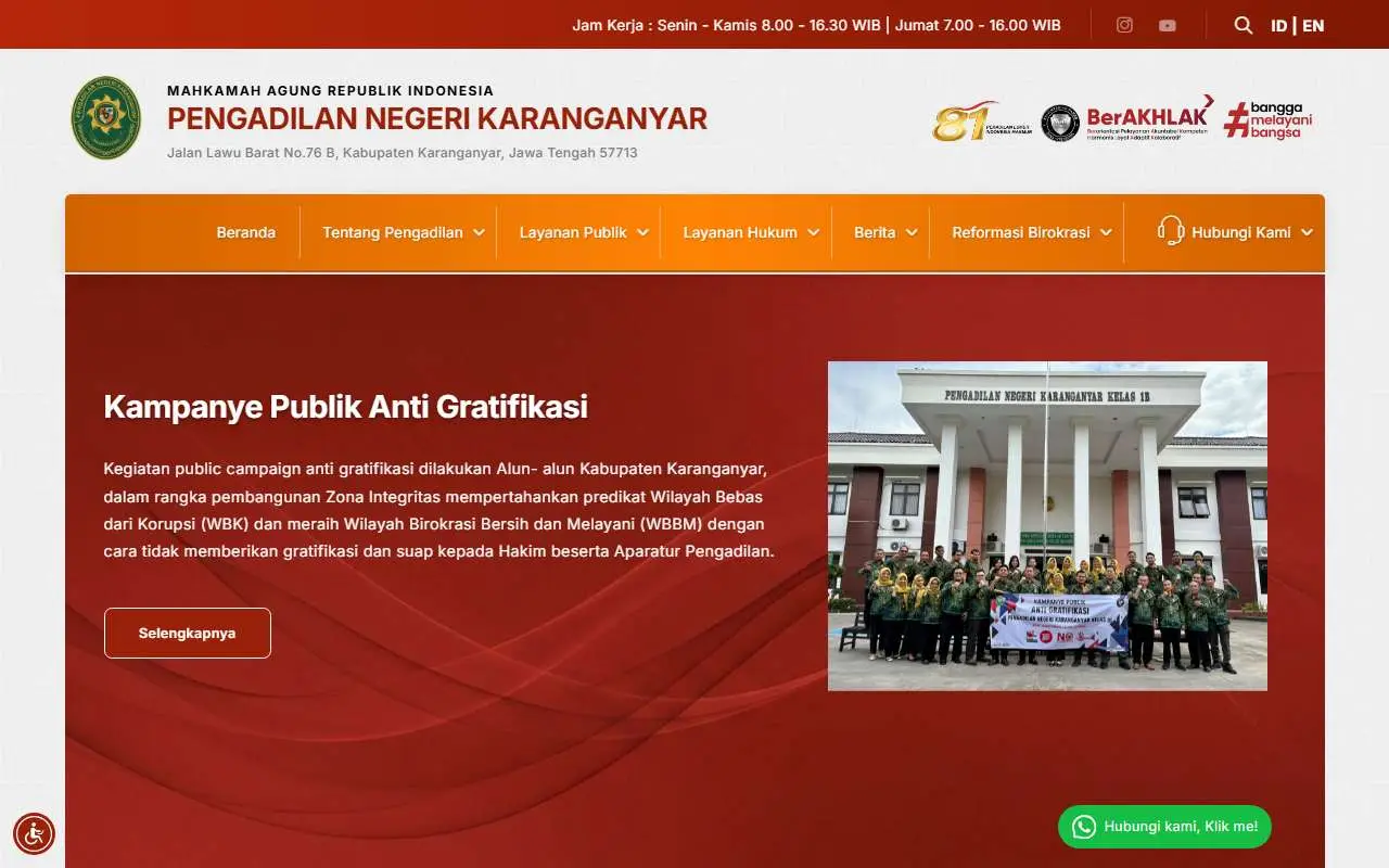 Tampilan website resmi Pengadilan Negeri Karangayar (pn-karanganyar.go.id)