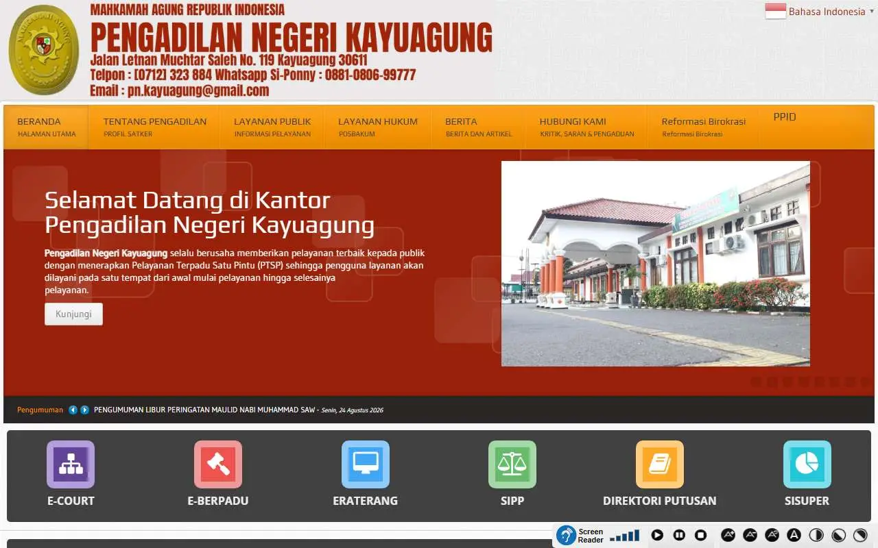 Tampilan website resmi Pengadilan Negeri Kayu Agung (pn-kayuagung.go.id)