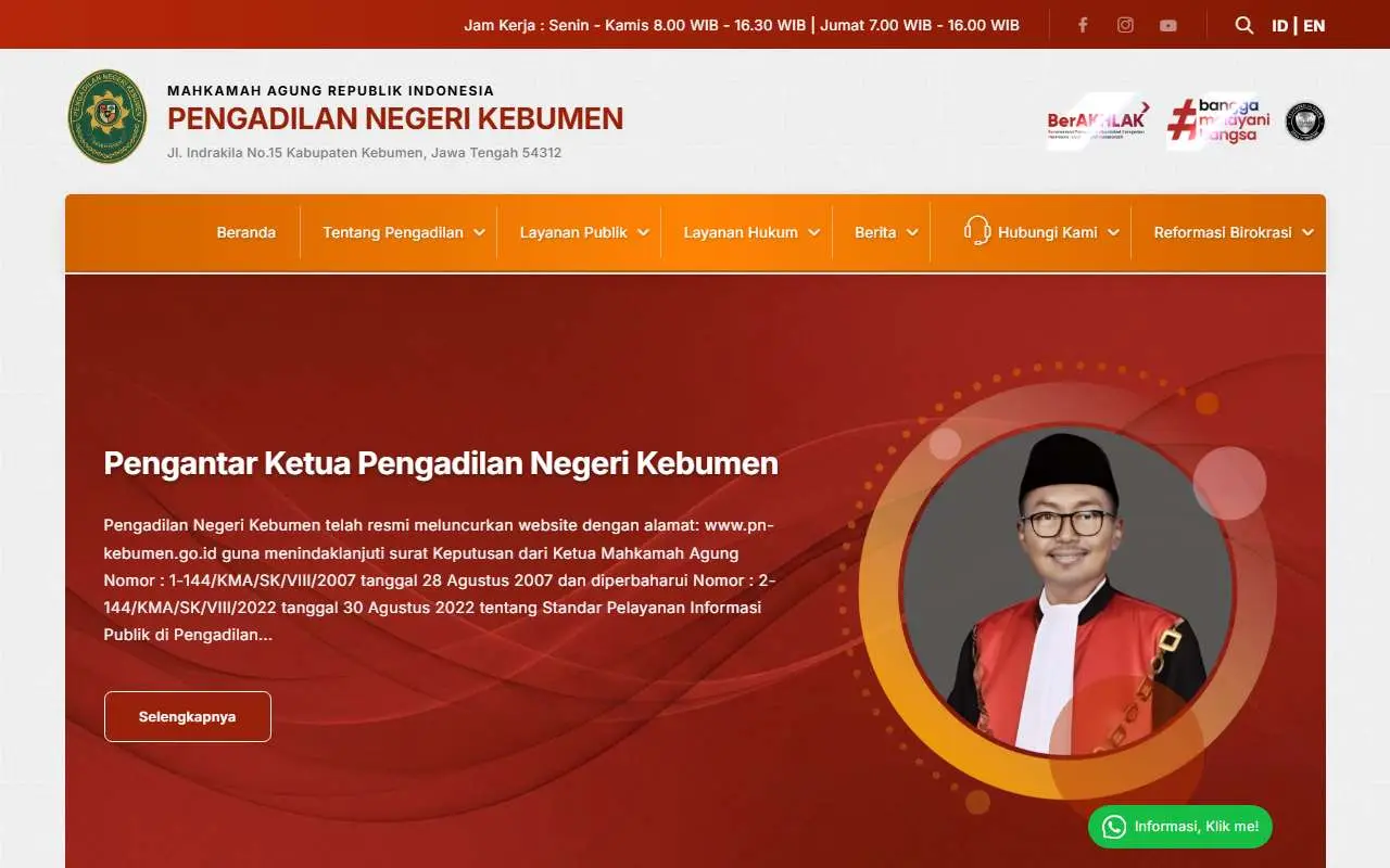 Tampilan website resmi Pengadilan Negeri Kebumen (pn-kebumen.go.id)