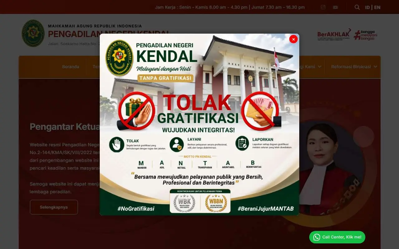 Tampilan website resmi Pengadilan Negeri Kendal (pn-kendal.go.id)