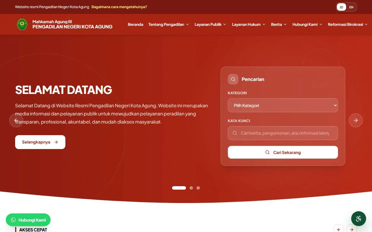 Tampilan website resmi Pengadilan Negeri Kota Agung (pn-kotaagung.go.id)
