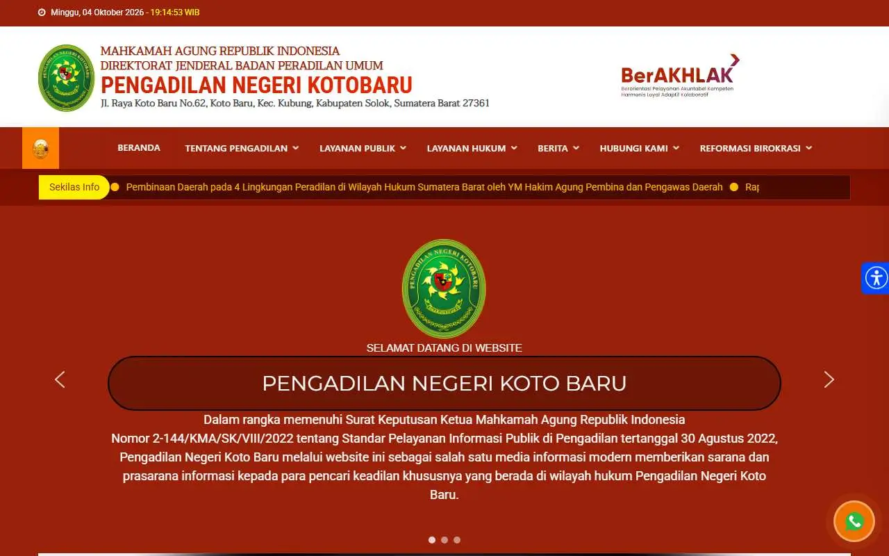 Tampilan website resmi Pengadilan Negeri Kotobaru (pn-kotobaru.go.id)