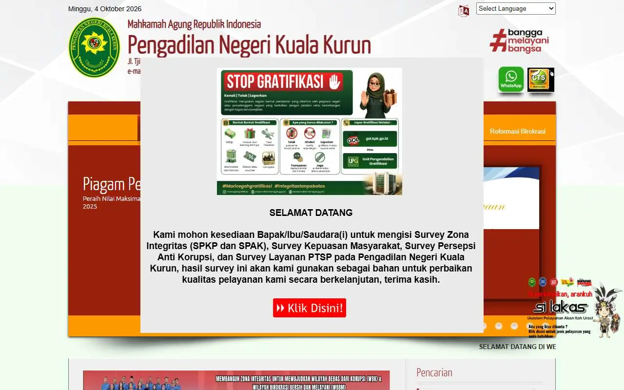 Tampilan website resmi Pengadilan Negeri Kuala Kurun (pn-kualakurun.go.id)