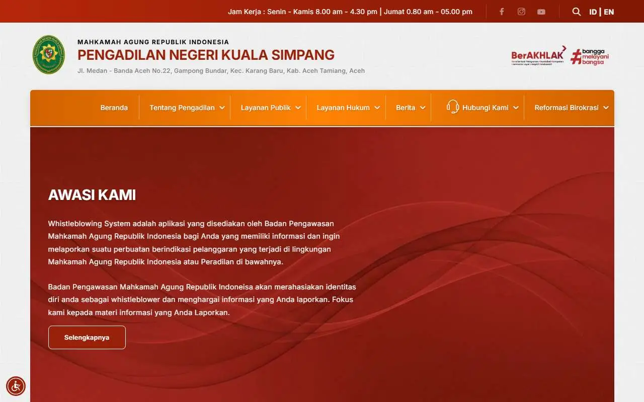 Tampilan website resmi Pengadilan Negeri Kuala Simpang (pn-kualasimpang.go.id)