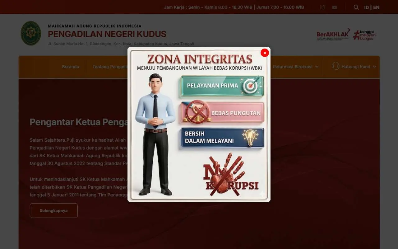 Tampilan website resmi Pengadilan Negeri Kudus (pn-kudus.go.id)