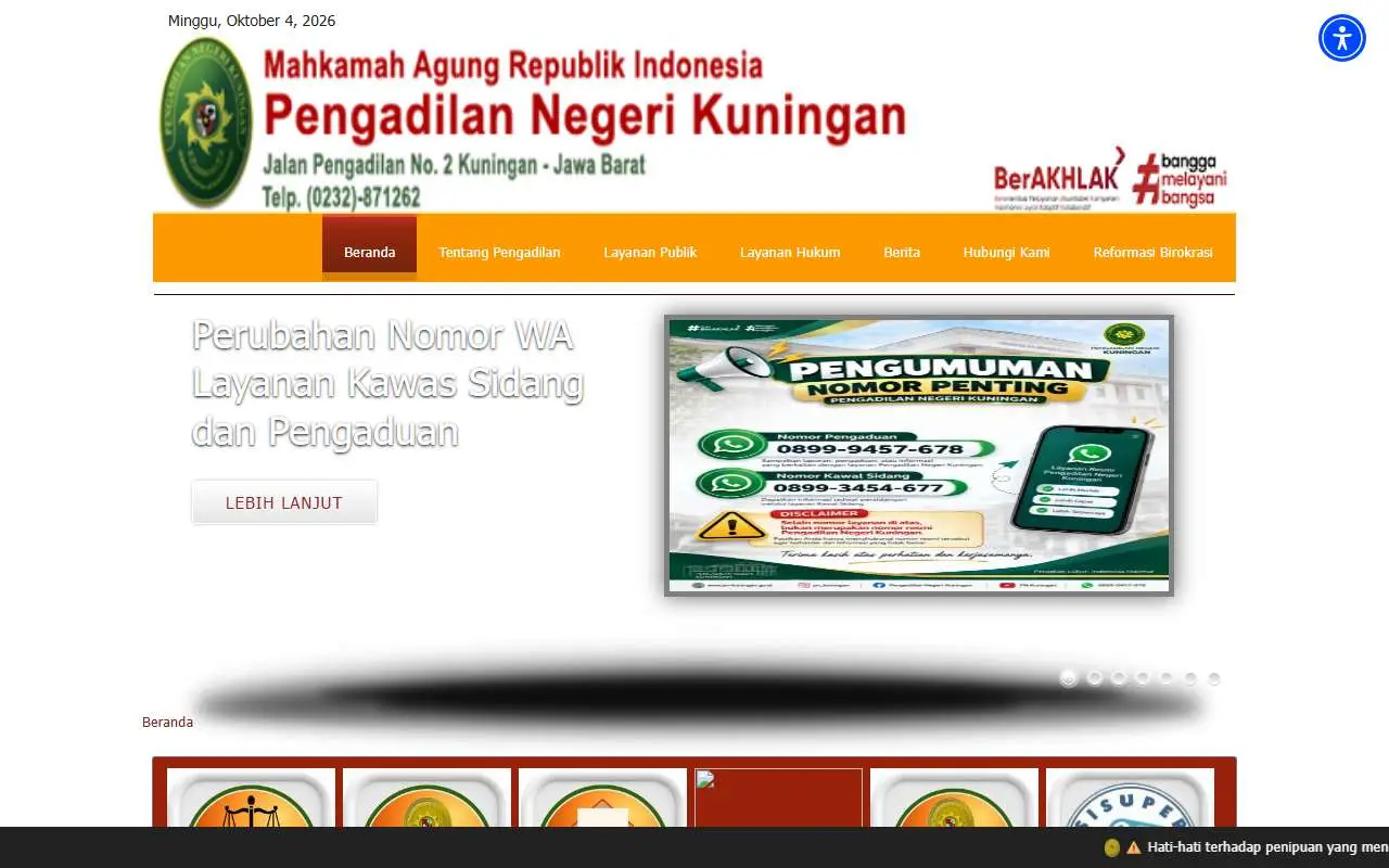 Tampilan website resmi Pengadilan Negeri Kuningan (pn-kuningan.go.id)