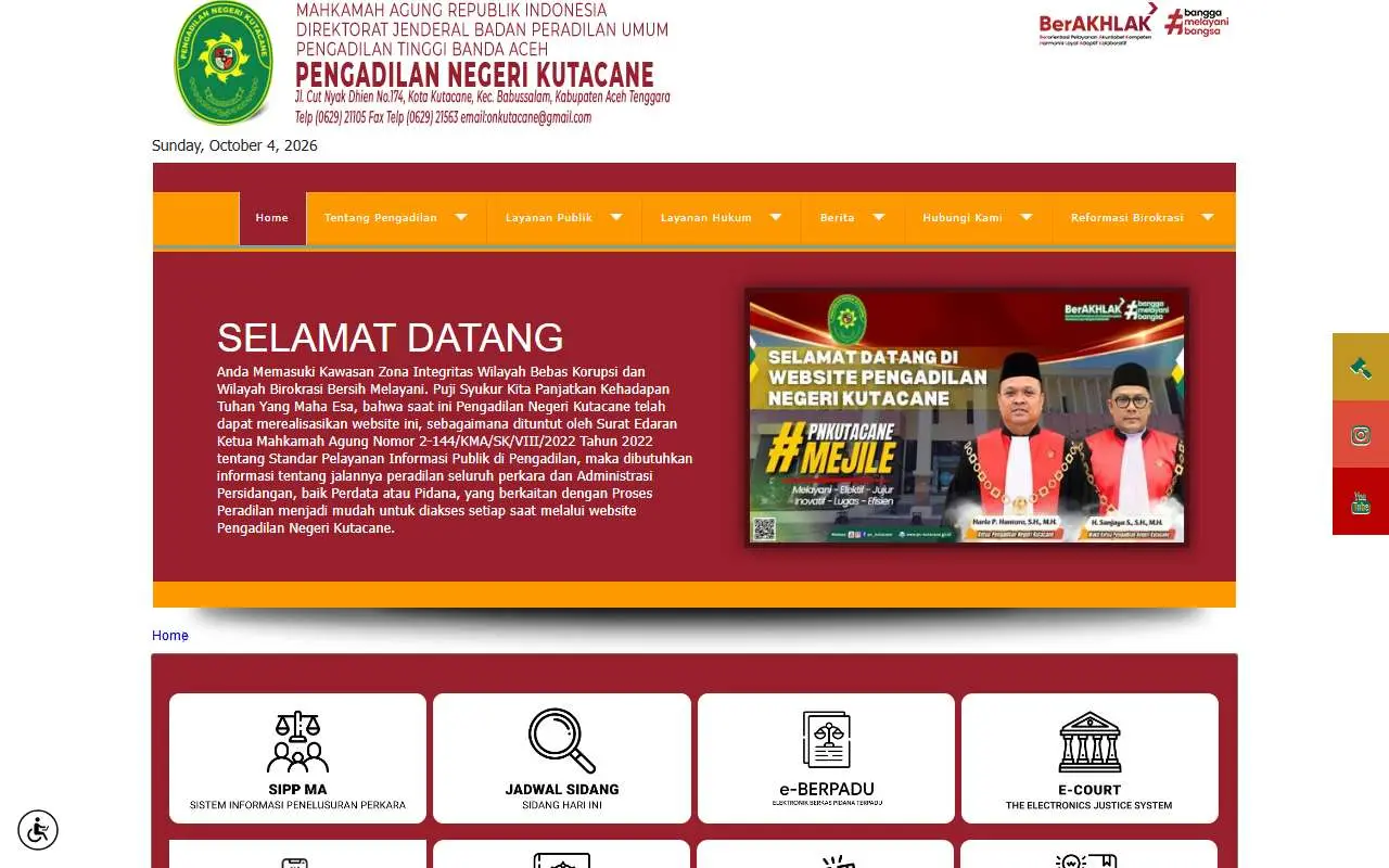 Tampilan website resmi Pengadilan Negeri Kutacane (pn-kutacane.go.id)