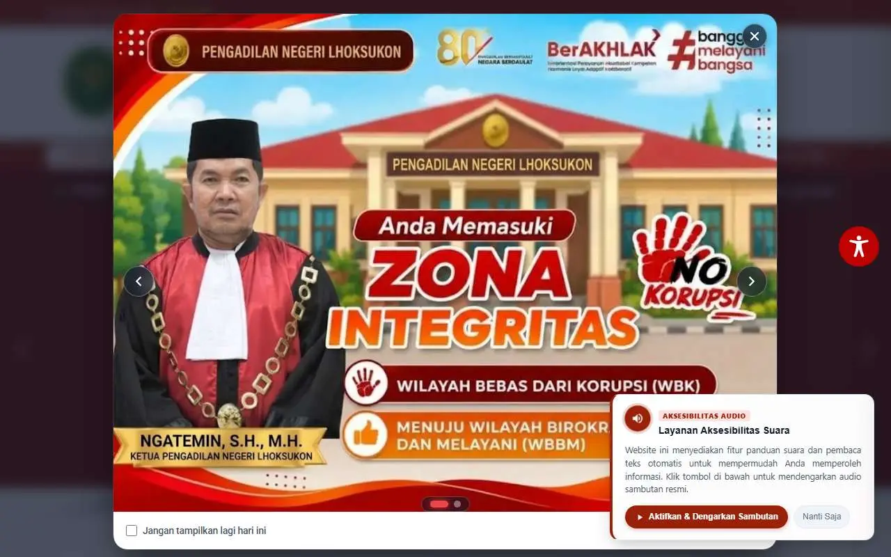 Tampilan website resmi Pengadilan Negeri Lhok Sukon (pn-lhoksukon.go.id)