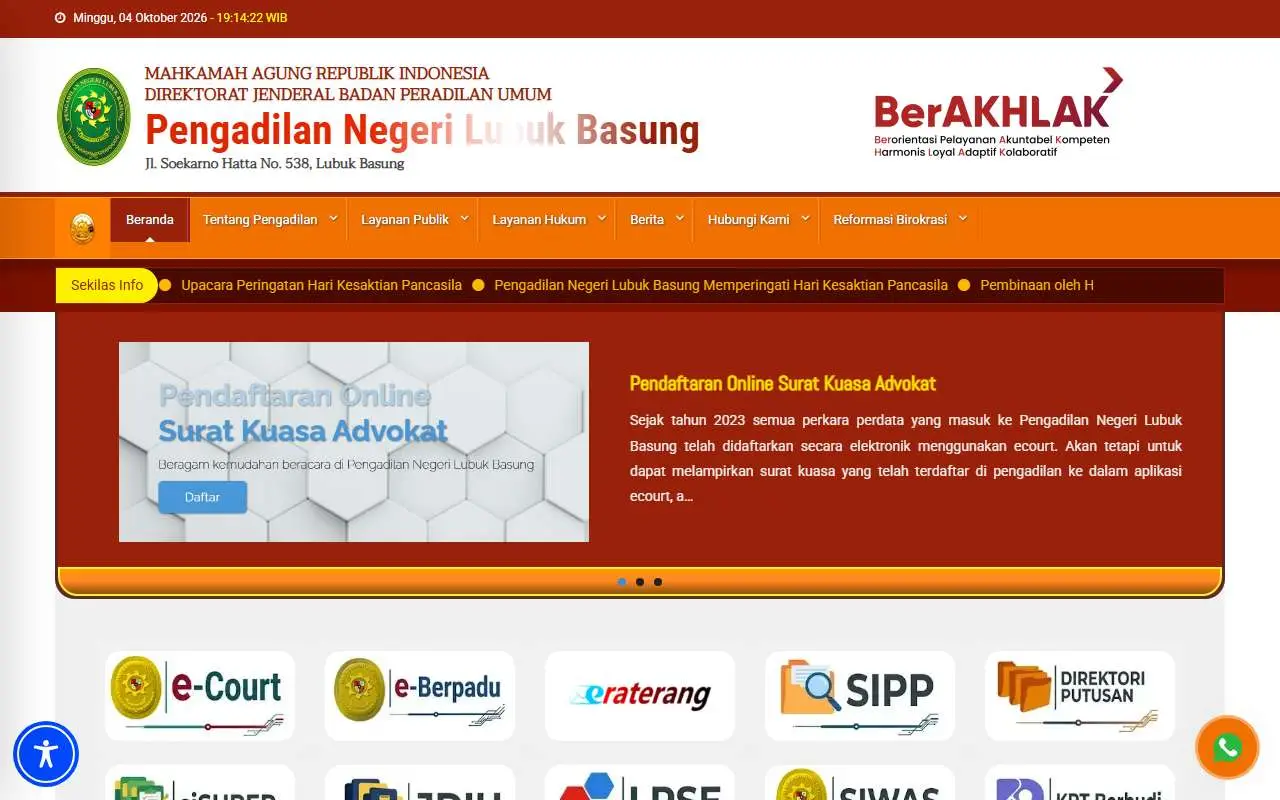 Tampilan website resmi Pengadilan Negeri Lubuk Basung (pn-lubukbasung.go.id)