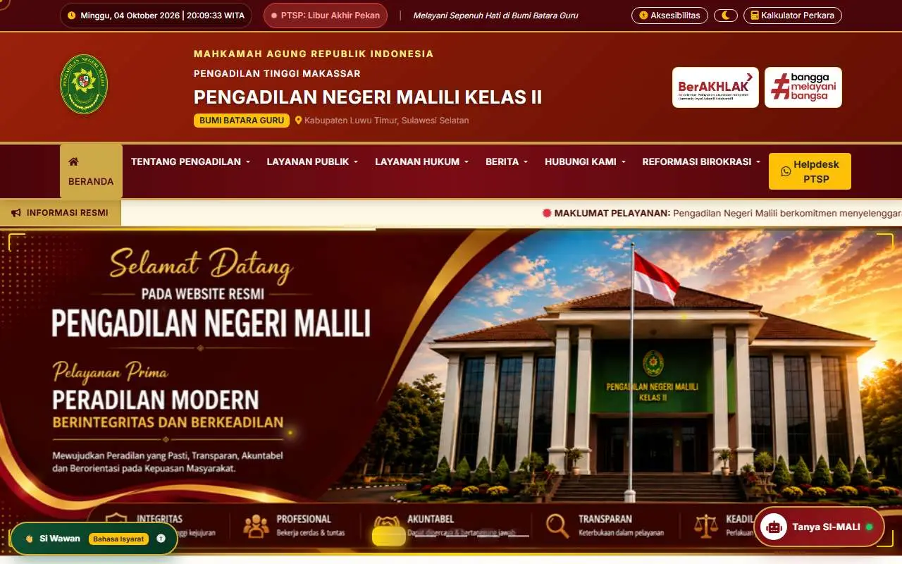 Tampilan website resmi Pengadilan Negeri Malili (pn-malili.go.id)