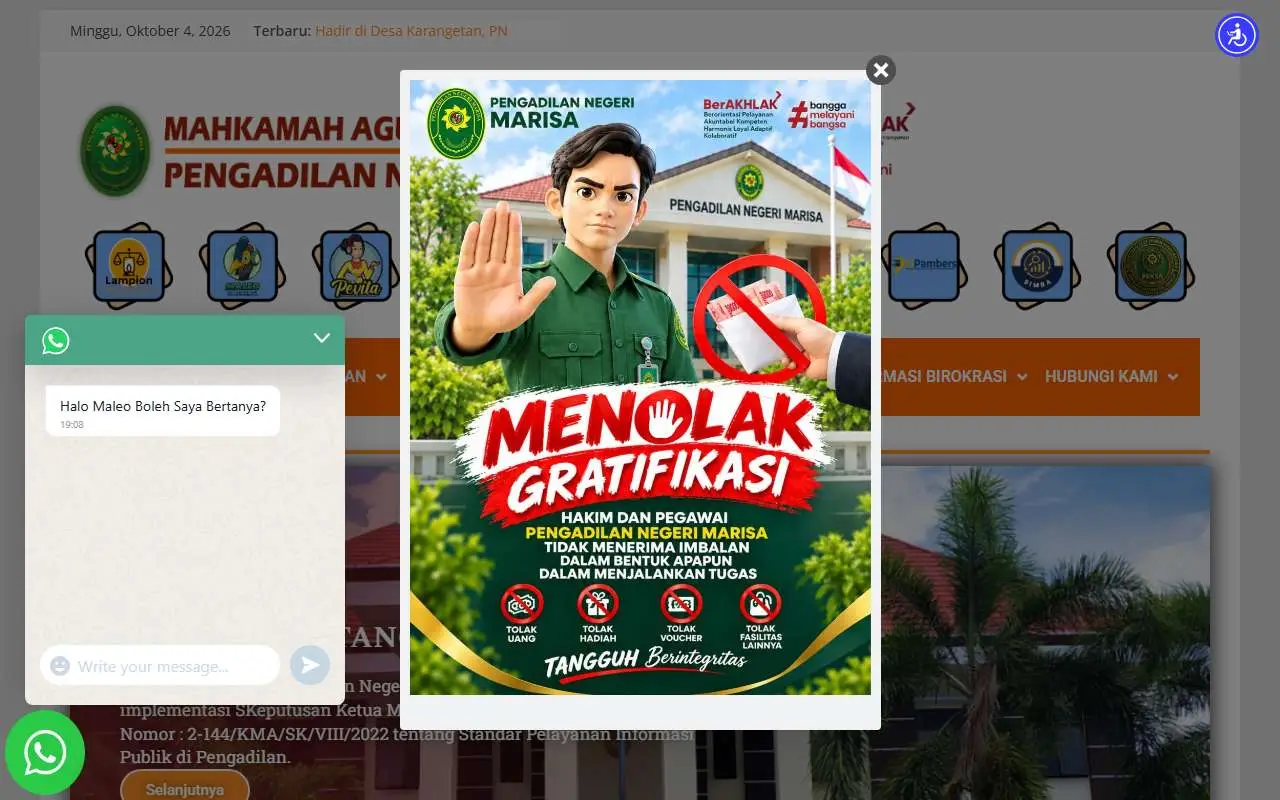 Tampilan website resmi Pengadilan Negeri Marisa (pn-marisa.go.id)