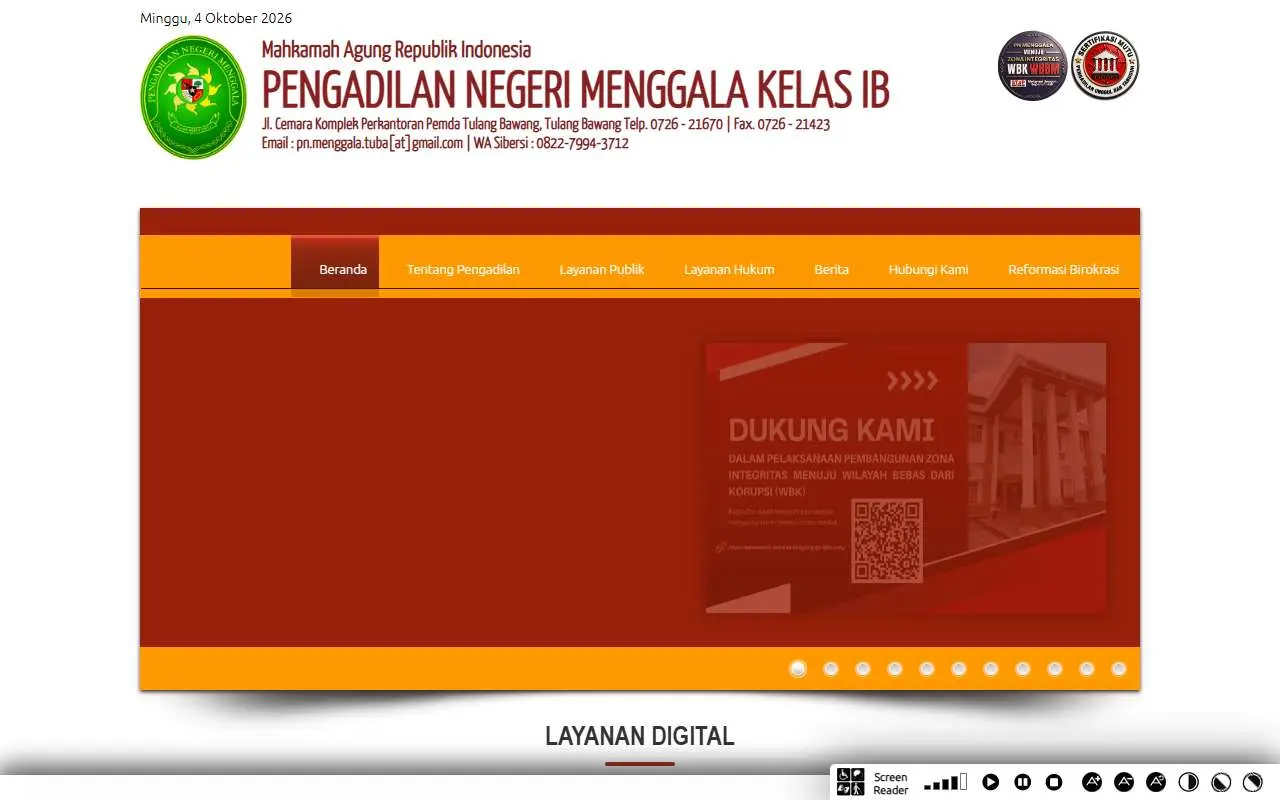 Tampilan website resmi Pengadilan Negeri Menggala (pn-menggala.go.id)