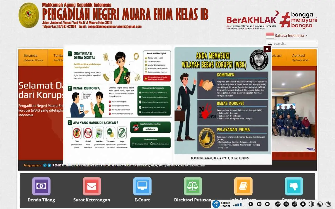 Tampilan website resmi Pengadilan Negeri Muara Enim (pn-muaraenim.go.id)
