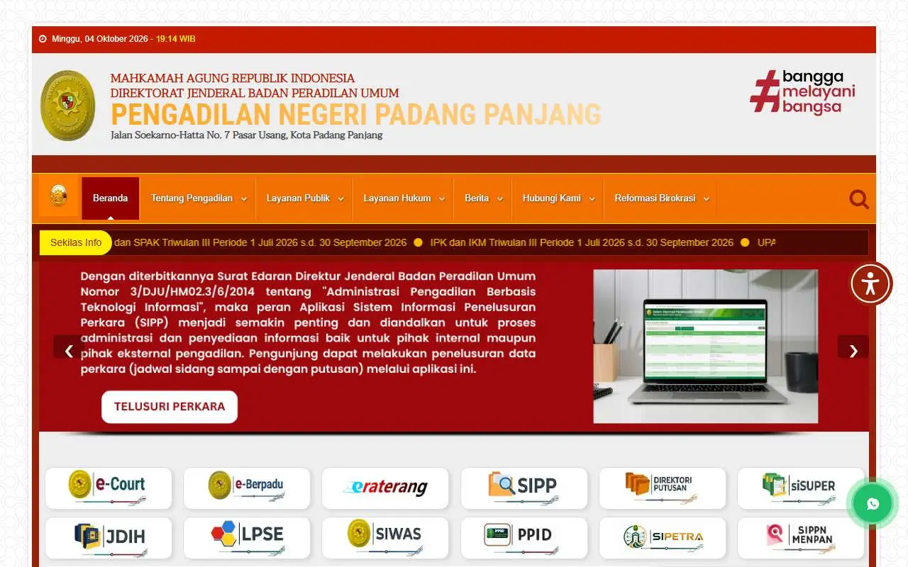 Tampilan website resmi Pengadilan Negeri Padang Panjang (pn-padangpanjang.go.id)
