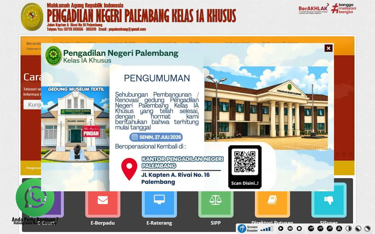 Tampilan website resmi Pengadilan Negeri Palembang (pn-palembang.go.id)