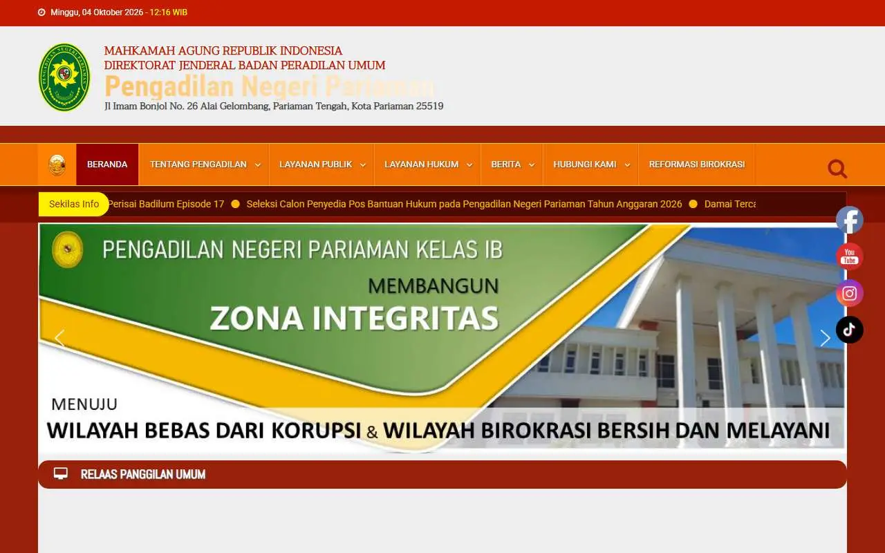 Tampilan website resmi Pengadilan Negeri Pariaman (pn-pariaman.go.id)