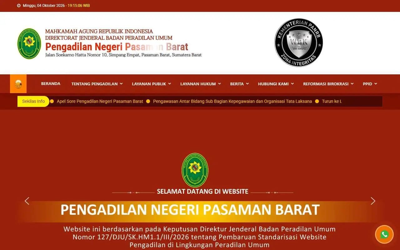 Tampilan website resmi Pengadilan Negeri Pasaman Barat (pn-pasamanbarat.go.id)
