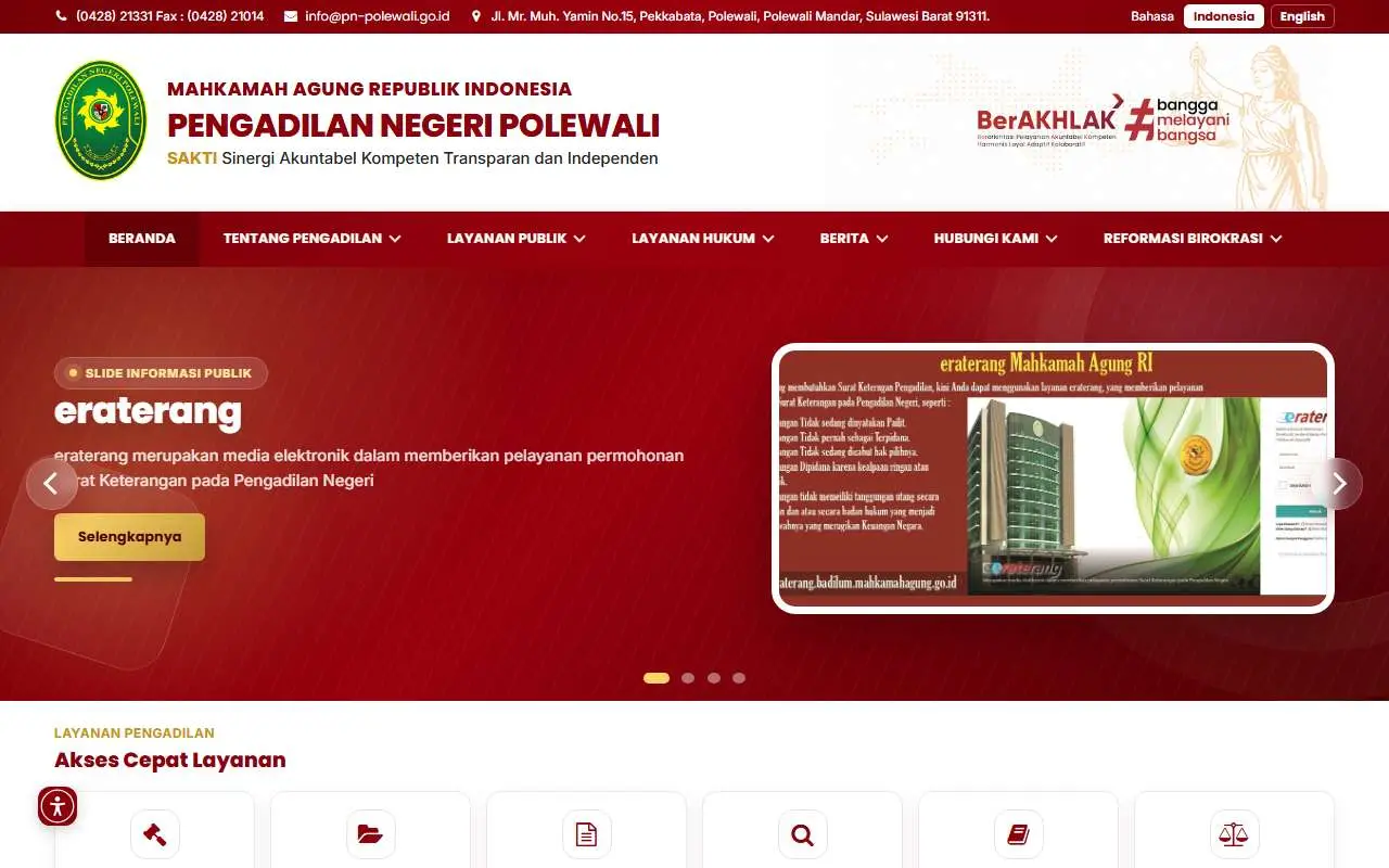 Tampilan website resmi Pengadilan Negeri Polewali (pn-polewali.go.id)