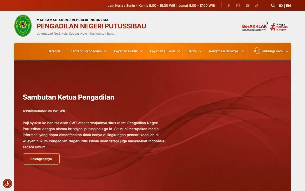 Tampilan website resmi Pengadilan Negeri Putussibau (pn-putussibau.go.id)