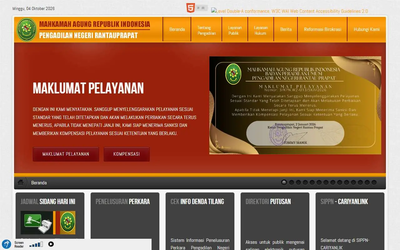 Tampilan website resmi Pengadilan Negeri Rantau Prapat (pn-rantauprapat.go.id)