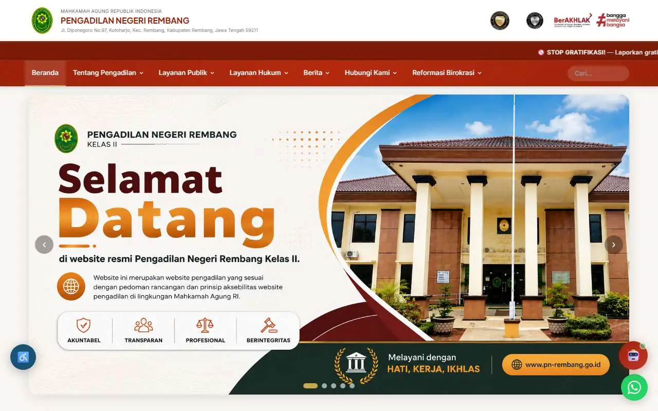 Tampilan website resmi Pengadilan Negeri Rembang (pn-rembang.go.id)