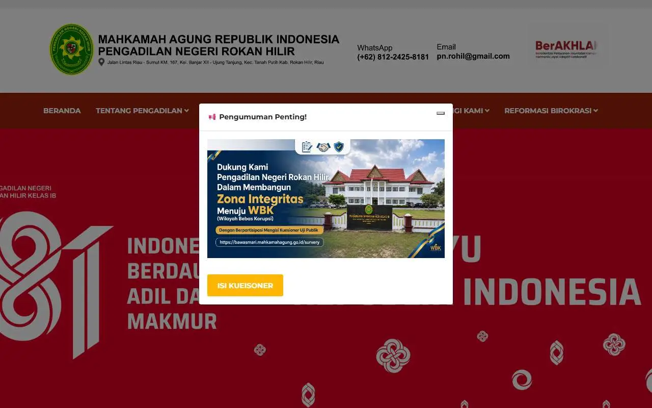Tampilan website resmi Pengadilan Negeri Rokan Hilir (pn-rokanhilir.go.id)