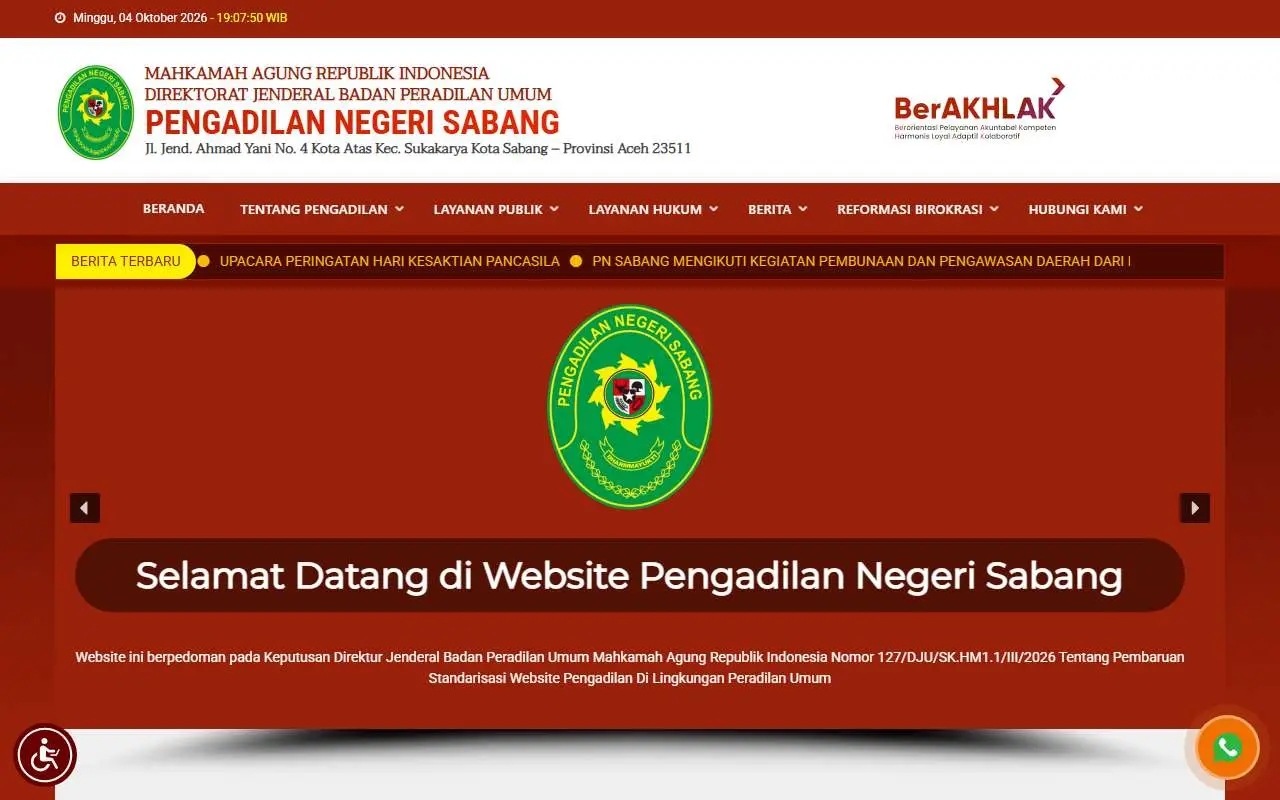 Tampilan website resmi Pengadilan Negeri Sabang (pn-sabang.go.id)