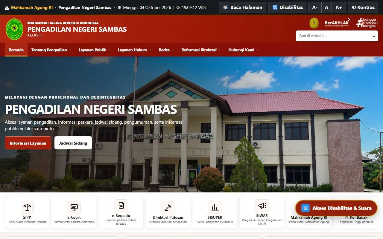 Tampilan website resmi Pengadilan Negeri Sambas (pn-sambas.go.id)
