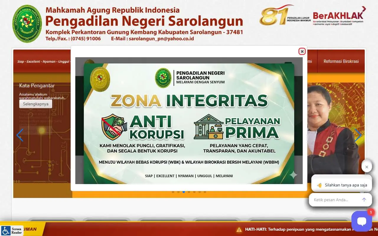Tampilan website resmi Pengadilan Negeri Sarolangun (pn-sarolangun.go.id)